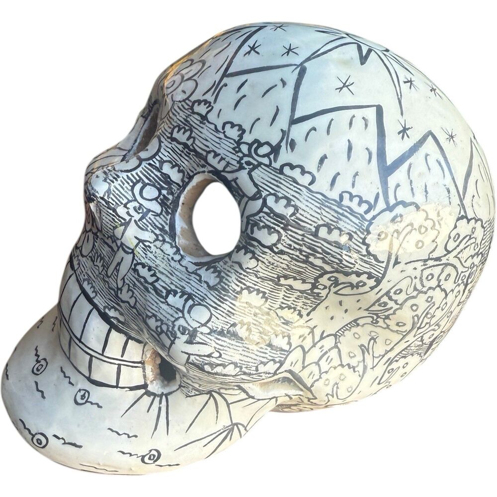 Disney Parks Ceramic Sugar Skull Day Of The Dead Black White Hand Painted Glazed